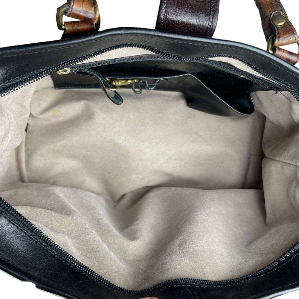 Brahmin Black Leather Tote Bag Brown Croc Embossed Handle Satchel Gold Hardware - Picture 8 of 14